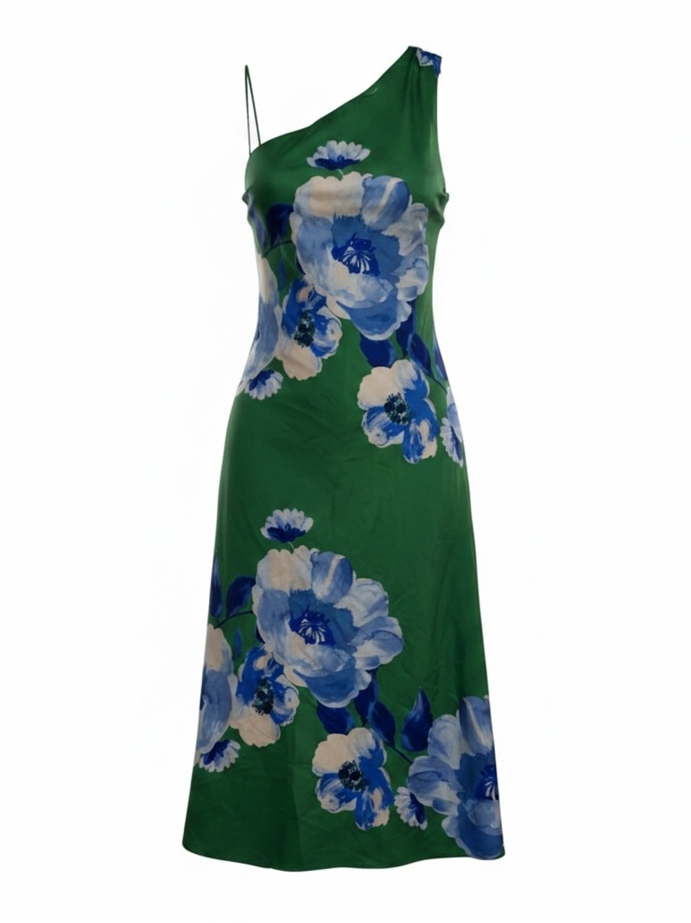 Sugarlips Green One-Shoulder Floral Midi Dress with Blue and White Blooms